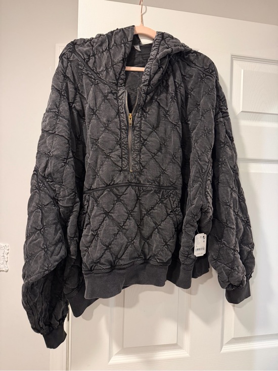 Free People Tops - Free People Quilted Hooded Half-Zip Pullover - Charcoal Gray